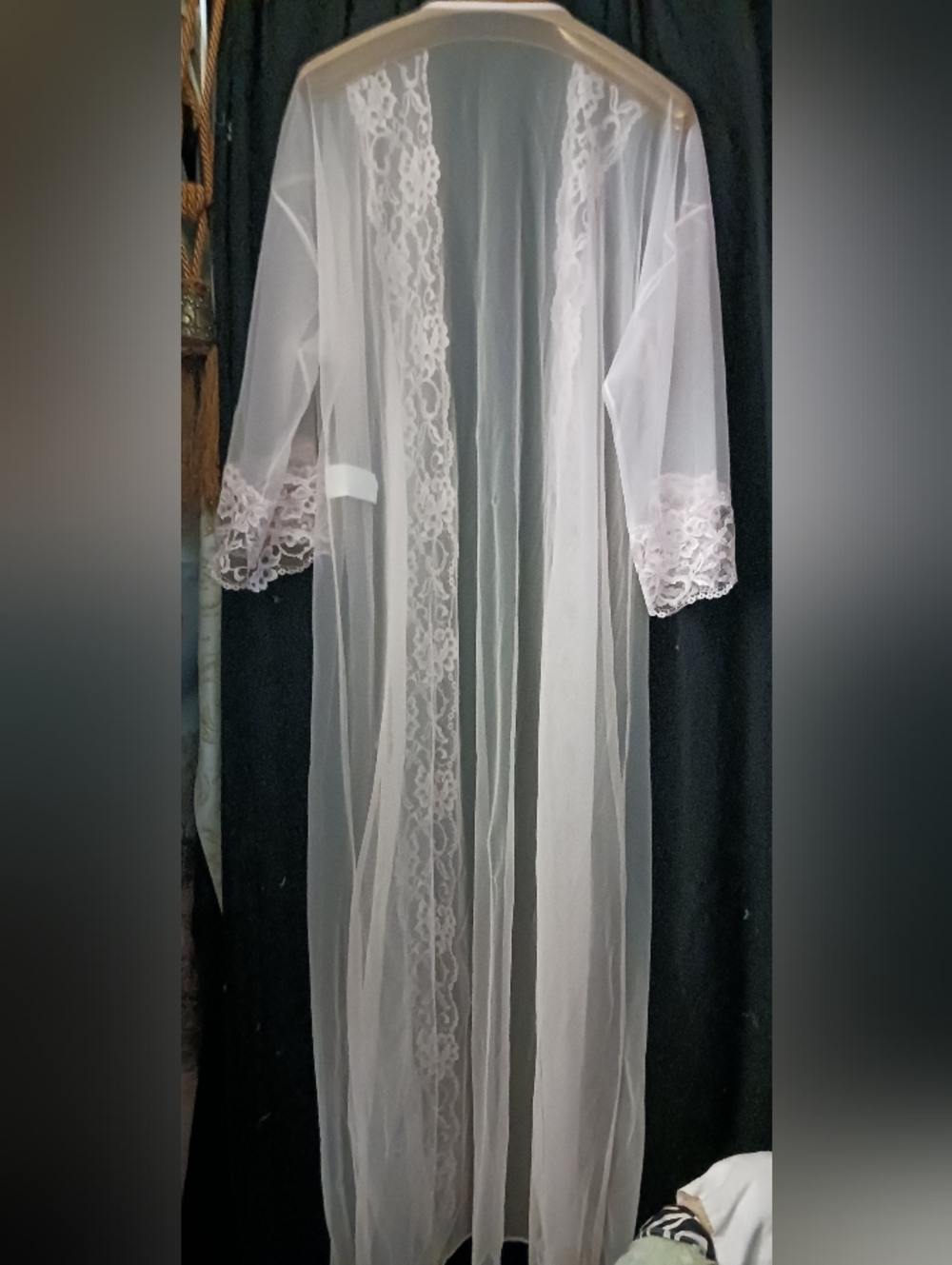 Sheer Lace-Trim Long Robe - White